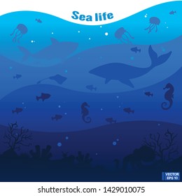 Vector image. Underwater sea. Deep blue marine life. Ocean wildlife. 