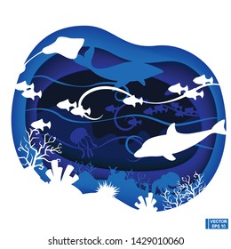 Vector image. Underwater sea. Paper cut deep style. Deep blue marine life. Ocean wildlife.