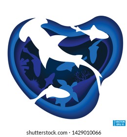 Vector image. Underwater sea. Paper cut deep style. Deep blue marine life. Ocean wildlife.