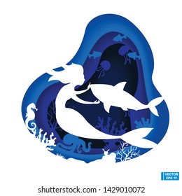 Vector image. Underwater sea. Paper cut deep style. Deep blue marine life. Ocean wildlife. Fabulous underwater world with mermaids.