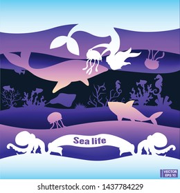 Vector image. Underwater sea. Paper cut deep style. Deep blue marine life. Ocean wildlife. Fabulous underwater world with mermaids.