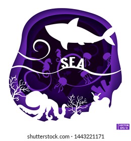 Vector image. Underwater sea. Paper cut deep style. Deep blue marine life. Ocean wildlife.