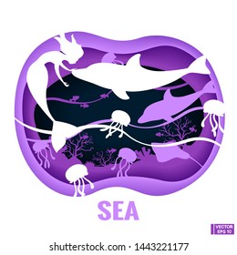 Vector image. Underwater sea. Paper cut deep style. Deep blue marine life. Ocean wildlife. Fabulous underwater world with mermaids.