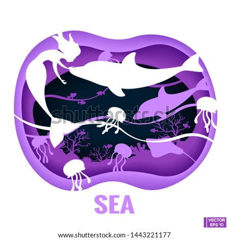 Vector image. Underwater sea. Paper cut deep style. Deep blue marine life. Ocean wildlife. Fabulous underwater world with mermaids.
