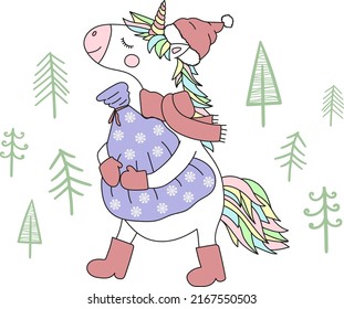 Vector image of a unicorn in a hat, scarf and boots with a bag of gifts. Greeting card. Concept for New Year, Christmas and winter holidays.