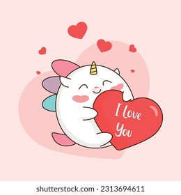 Imagen vectorial de un unicornio con un corazón de "Te amo" en un tema del día de San Valentín. Adecuado para decorar tarjetas de San Valentín, tarjetas de felicitación, impresiones, etc.