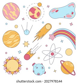 Vector image of the universe with planets and stars in doodle style. Vector illustration