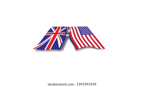 Vector image of the USA and UK flags being joined or separated by a zip - relations between the USA and UK