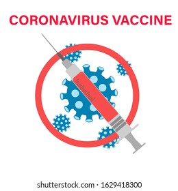 Vector image of vaccination concept protection against coronavirus (2019-nCoV).Syringe with vaccine, and concept of stopping coronavirus.Virus cell is crossed out with red STOP sign