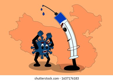 Vector image of vaccination protection against coronavirus. Syringe with vaccine, concept of stopping coronavirus.