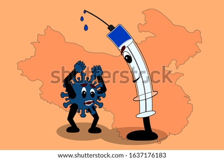 Vector image of vaccination protection against coronavirus. Syringe with vaccine, concept of stopping coronavirus.