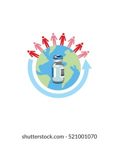 Vector image of a vaccine bottle on a globe with people and an arrow
