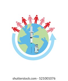 Vector image of a vaccine bottle and syringe on a globe with people and an arrow