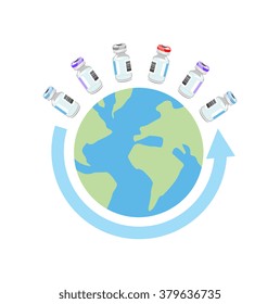 Vector image of vaccine vials with a globe and arrow