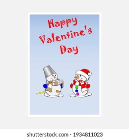 Vector image of Valentine's Day greeting card with comic image of 
snowmen