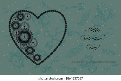 Vector image for Valentine's Day. Heart made of motorcycle chain and metal parts. Template for postcards, flyers, banners.