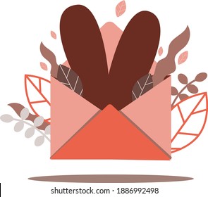 Vector image of Valentine's day symbol. Pink envelope with red hearts and leaves on a white background. Flat vector illustration.