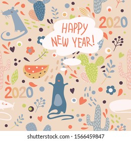 Vector image of a variety of mice, cacti, flowers and footprints with the English words "Happy New Year" in the Scandinavian style.