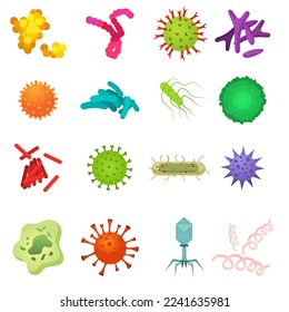 Vector image of various bacteria. Pathogenic bacteria, viruses and microbes. Colored microbes and various types of bacteria. A design element for a website, applications, social networks.