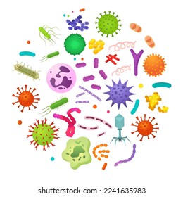 Vector image of various bacteria. Pathogenic bacteria, viruses and microbes. Colored microbes and various types of bacteria. A design element for a website, applications, social networks.