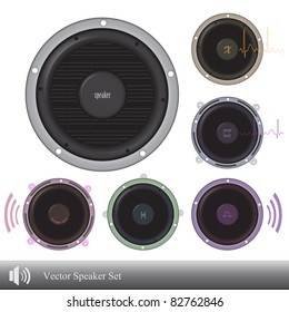 Vector image of various colorful speakers isolated on a white background.