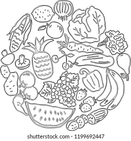 Vector image of various fruit and vegetables