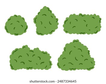 Vector image of various green bushes in different shapes and sizes. Ideal for landscape design, nature-themed illustrations, or garden-related projects. simple, collection, set, green bushes design.