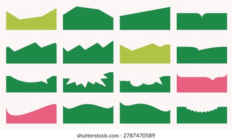 Vector image of various green and pink landscape silhouettes on a grid background, showcasing diverse terrain shapes and profiles.