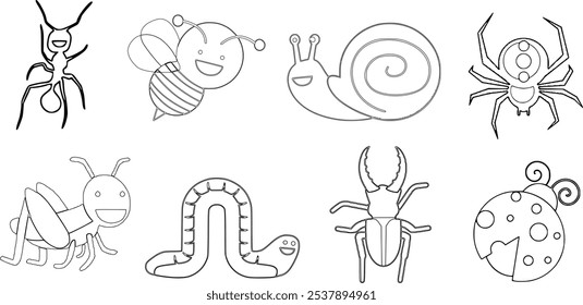 Imagem vetorial de vários insetos e artrópodes, incluindo uma formiga, abelha, caracol, aranha, gafanhoto, lagarta, besouro e joaninha, página para colorir para crianças.