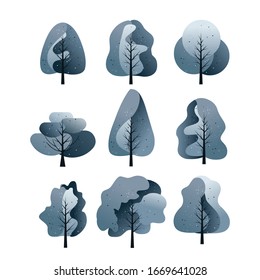 Vector image of various kinds of trees with a combination of blue and white colors makes the impression cold