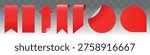 Vector image of various red labels and tags with different shapes, including ribbons, arrows, and circles, on a transparent background.
