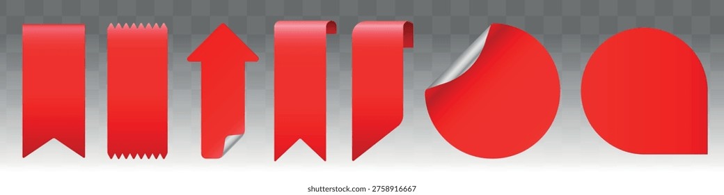 Vector Imagen de varias etiquetas rojas y tags con diferentes Formas, incluyendo cintas, flechas y círculos, sobre un fondo transparente.