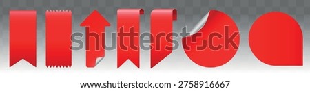 Vector image of various red labels and tags with different shapes, including ribbons, arrows, and circles, on a transparent background.
