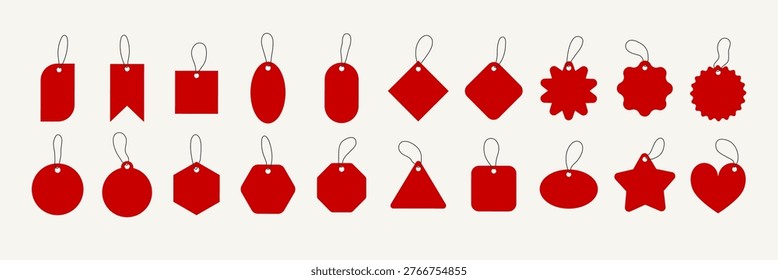 Vector image of various red price tags in different shapes, including circles, stars, and hearts, with strings attached on a light background.