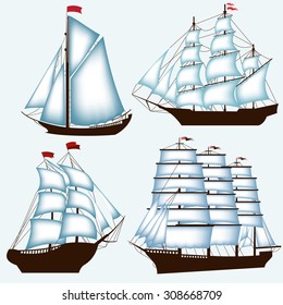 Vector image. Various ships with sails on a blue background