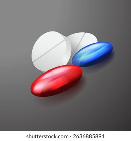 Vector image of various white pills and capsules representing pharmaceutical drugs and medical treatment.