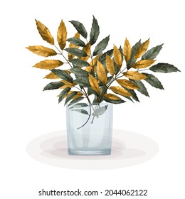 Vector image of a vase with autumn foliage, isolated on white background. Made in a complex cartoon style. EPS 10