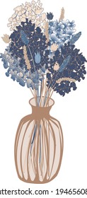 vector image of a vase with dried flowers in blue and beige tones on a white background