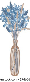 imagen vectorial de un jarrón con flores hidrangea y flores secas en tonos azul y beige sobre un fondo blanco