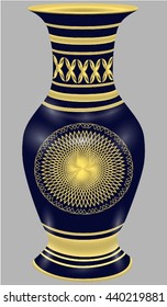Vector image of vases covered with gold patterns. The main color of the vase - dark blue.