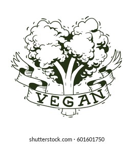 Vector image of a vegan emblem in the form of broccoli in the shape of heart, with a banner "Vegan" on a white background. Made in monochrome style. Vegetarianism, veganism. Tattoo. 