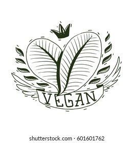 Vector image of a vegan emblem in the form of two leaves in the shape of a heart, with a banner "Vegan" on a white background. Made in monochrome style. Vegetarianism, veganism. Tattoo. 