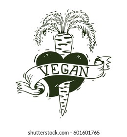 Vector image of a vegan emblem in the form of a beetroot heart pierced with carrot, with a banner "Vegan" on a white background. Made in monochrome style. Vegetarianism, veganism. Tattoo. 