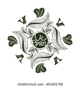 Vector image of a vegan emblem in the form of a pattern of leaves, hearts and letters V, with a banner "Vegan" on a white background. Made in monochrome style. Vegetarianism, veganism. Tattoo.