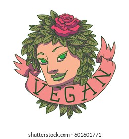 Vector image of a vegan emblem in the form of a woman's head with green leaves and pink rose as hair, with a banner "Vegan" on a white background. Color image. Vegetarianism, veganism. Tattoo. 