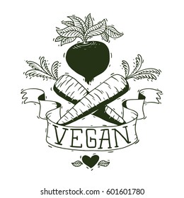 Vector image of a vegan emblem in the form of a beetroot and crossed carrots, with a banner "Vegan" on a white background. Made in monochrome style. Vegetarianism, veganism. Tattoo. 