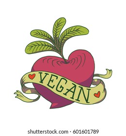 Vector image of a vegan emblem in the form of a red beetroot in the shape of a heart, with a banner "Vegan" on a white background. Color image. Vegetarianism, veganism. Tattoo. 