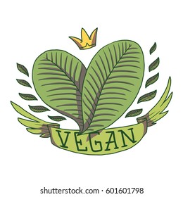 Vector image of a vegan emblem in the form of two green leaves in the shape of a heart, with a banner "Vegan" on a white background. Color image. Vegetarianism, veganism. Tattoo. 