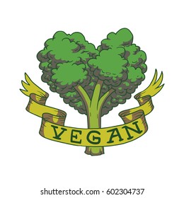 Vector image of a vegan emblem in the form of green broccoli in the shape of heart, with a banner "Vegan" on a white background. Color image. Vegetarianism, veganism. Tattoo. 