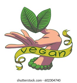 Vector image of a vegan emblem in the form of a hand with green leaves in the shape of a heart on it, with a banner "Vegan" on a white background. Color image. Vegetarianism, veganism. Tattoo. 